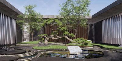 曲水流觞-水岛相依-深色经典的禅意中庭景观SU精细模型