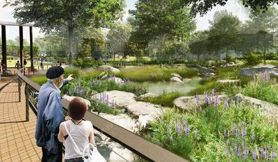 功能空间相互渗透融合-有限场地创造无限乐趣-美国某城市中心滨水湿地公园景观方案