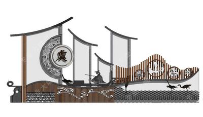 ID：S-11-L-022美丽乡村创意景墙SU模型-乡村标识景墙SU模型-白墙灰瓦创意景墙SU模型-江南风格乡村景墙SU模型
