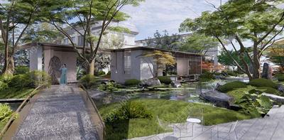 极简现代结合自然山水-曲水流觞尽显禅意轻奢-某别墅区中轴景观SU精细模型