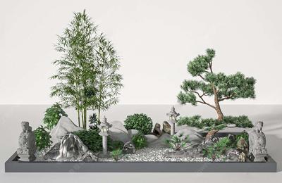 黑松-片石-钢竹-青灯-微型庭院经典组合-SU精细模型