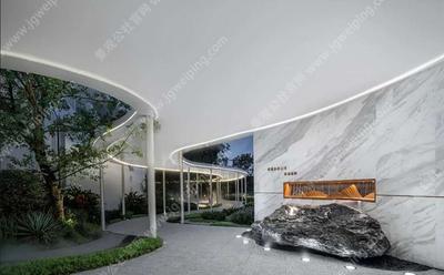 写意山水玻璃景墙-白色曲线长廊+砾石+微地形绿植-调性极高-某高端地产项目展示区景观全套施工图+实景图