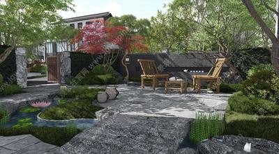 土豪青睐的极简中式庭院-青瓦毛石的禅意小院景观-四个小面积中式禅意私家庭院景观SU模型集合