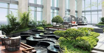 为名流设计-六星级酒店屋顶花园景观园建施工图+实景-停机坪-咖啡吧-游泳池-吧台-茶室-水景-天台花园