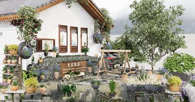 ID:S-11-L-020特色民宿SU模型-乡村庭院SU模型-花墙小院SU模型-乡村建筑改造外立面设计SU模型