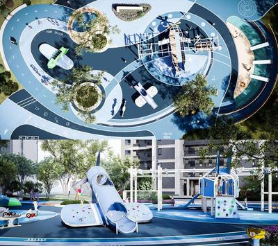 S-07-Z-151蓝色飞机主题-游乐设施-飞机滑梯-儿童活动区SU模型