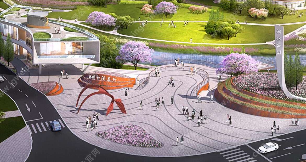 台地花园-三层弧线钢板景墙-中庭创意水景-城市滨水景观带+商业综合体+屋顶花园-高品质综合型科技创业园景观全套施工图+海绵专项