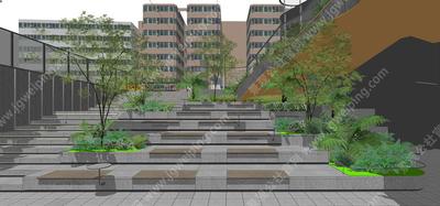 高差处理非常好-兼具通行-休憩-观赏的高差处理-玻璃砖艺术景墙-中海某示范区（商业广场）项目景观SU模型