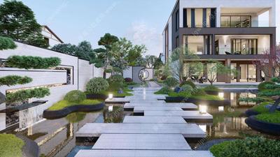 黑白主调-极简精致-清雅唯美-两个超精细现代别墅私家庭院景观SU精细模型